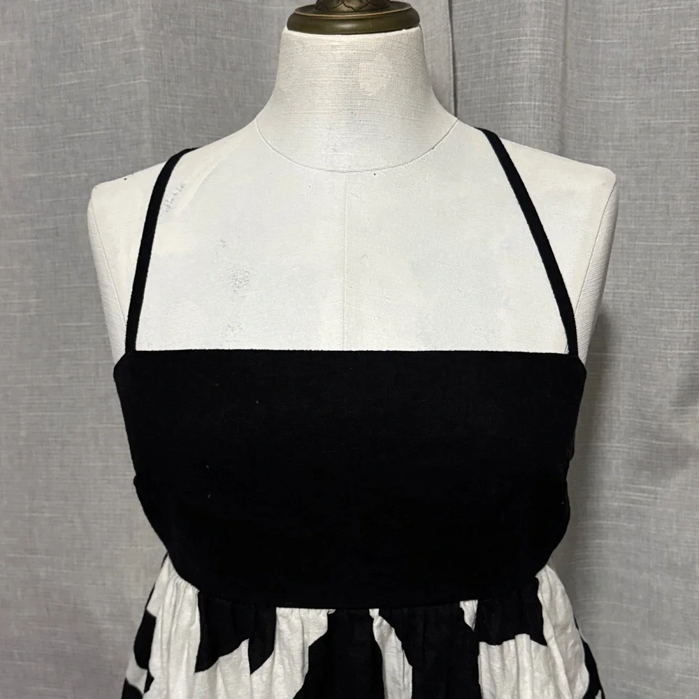 A & F Cotton Linen Maxi Dress-Black/White-Sz xs-Fitted Bodice-Pockets-ZipUp Back